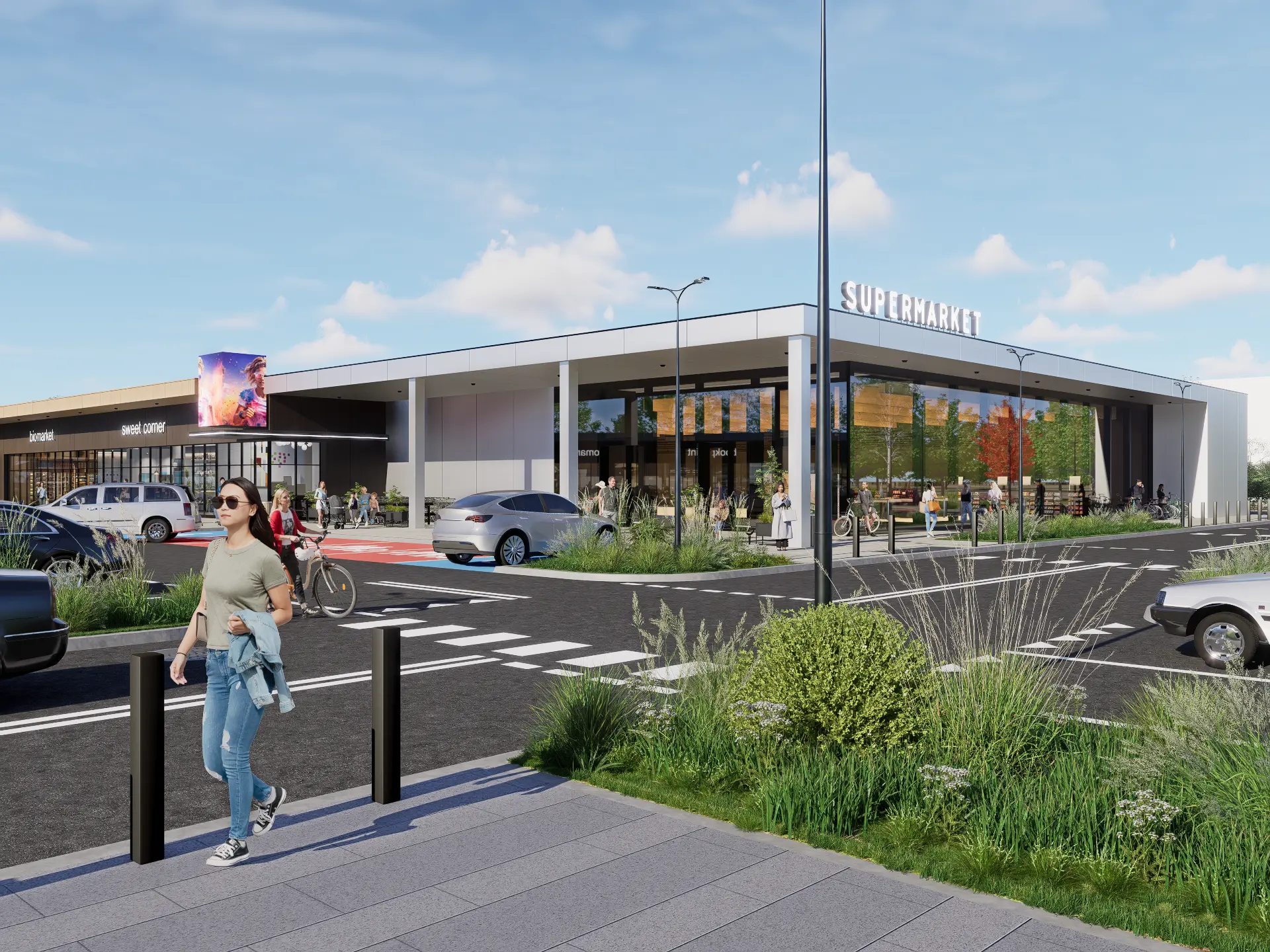 Wizualizacja parku handlowego SHOPLAND Szczecin Policka — nowoczesna zabudowa handlowa z parkingiem