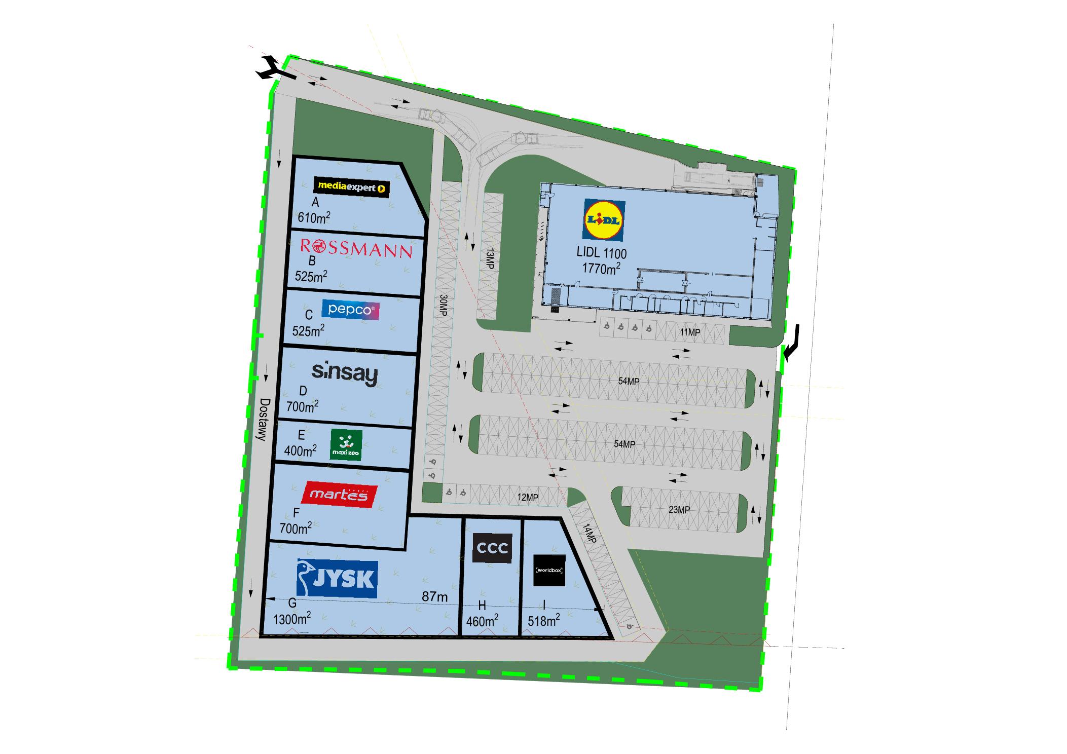 Plan zagospodarowania terenu SHOPLAND Szczecin Policka z podziałem na lokale