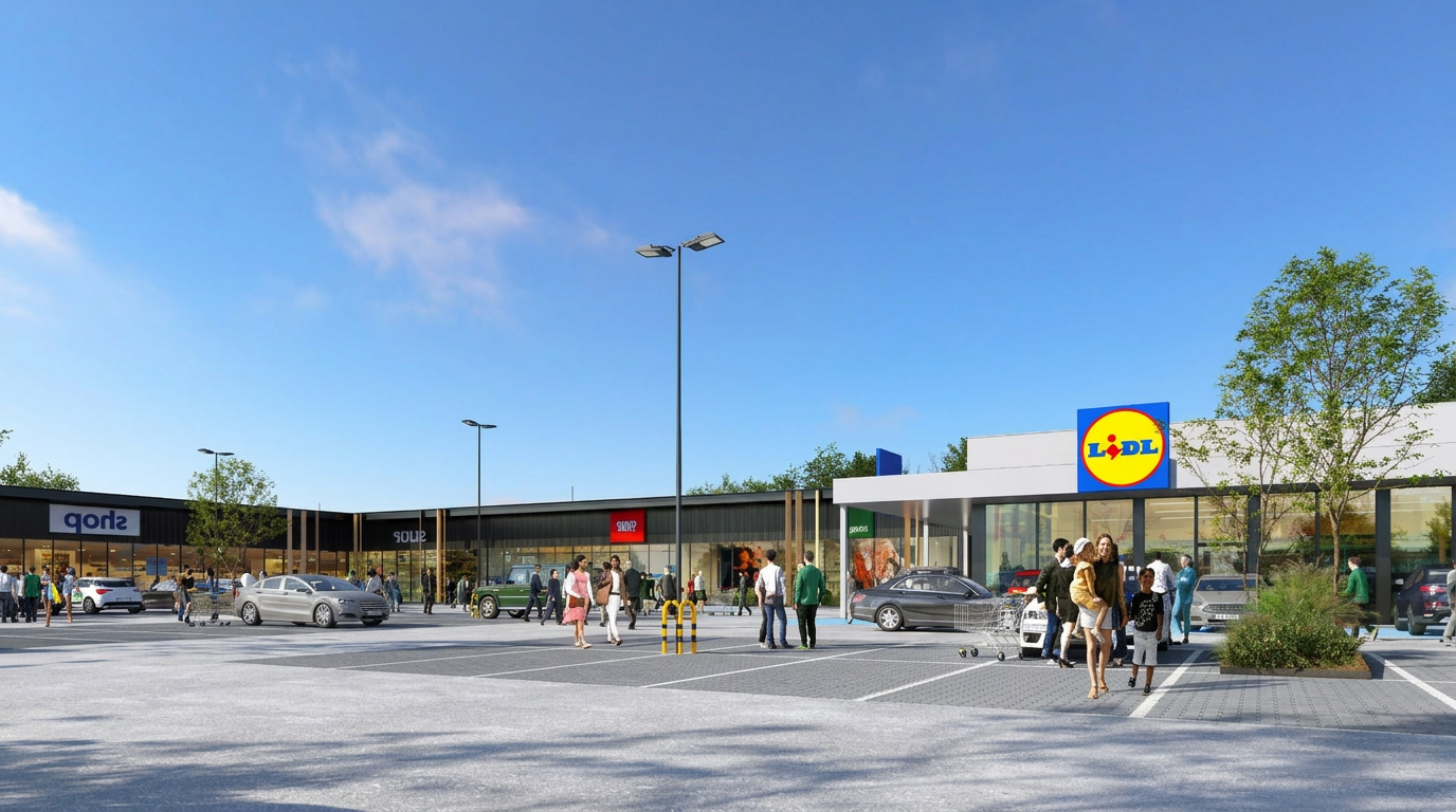 Wizualizacja parku handlowego SHOPLAND Szczecin Policka — parking, pylon oraz lokale handlowe i gastronomia